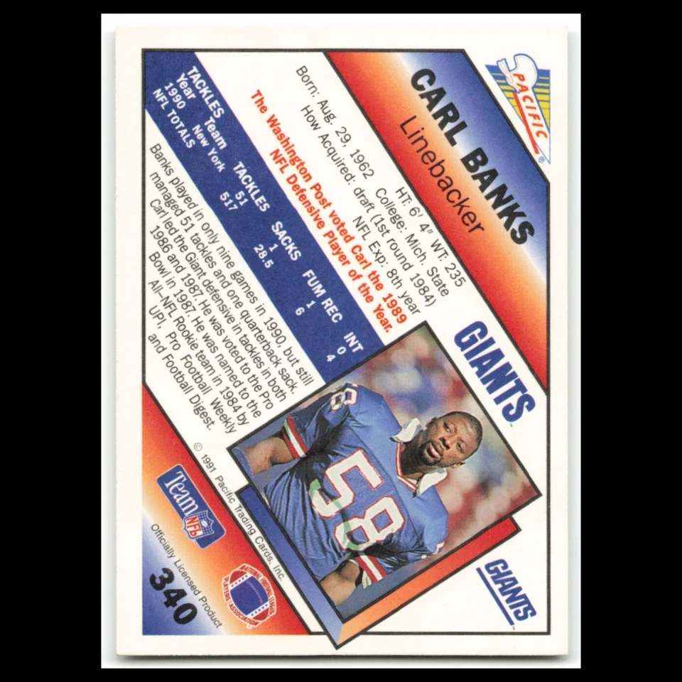 Carl Banks #340 1991 Pacific New York Giants Football Card NFL NM - Image 2 of 3