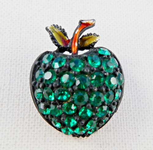 Vintage Green Rhinestone Apple Pin Brooch Japanned Fruit Retro Estate Jewelry