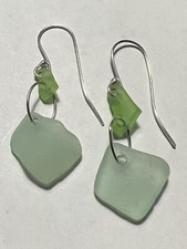 Artisan Two Tone Green Sea Glass Sterling Dangle Earrings 2.25 Beachy Boho