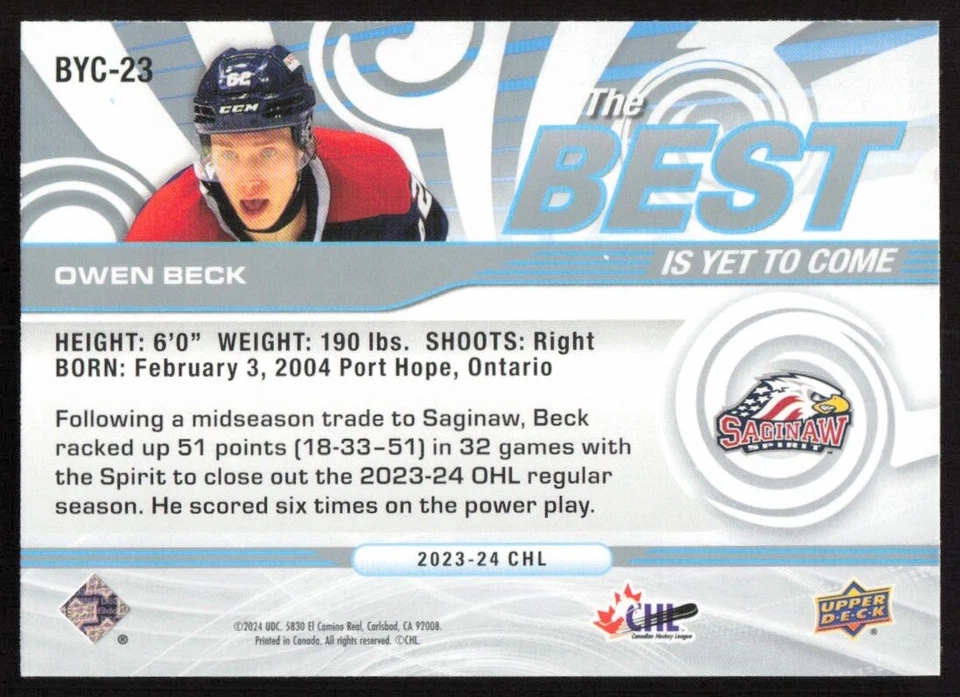 2023-24 Upper Deck CHL Best is Yet to Come #BYC-23 Owen Beck Saginaw Spirit - Image 2 of 2