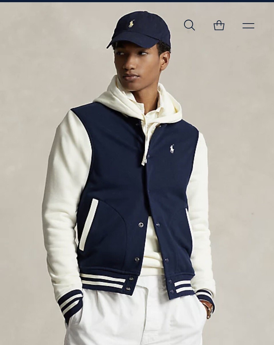 Polo Ralph Lauren Men’s Fleece Baseball Varsity Jacket Cruise Navy Blue  Cream L