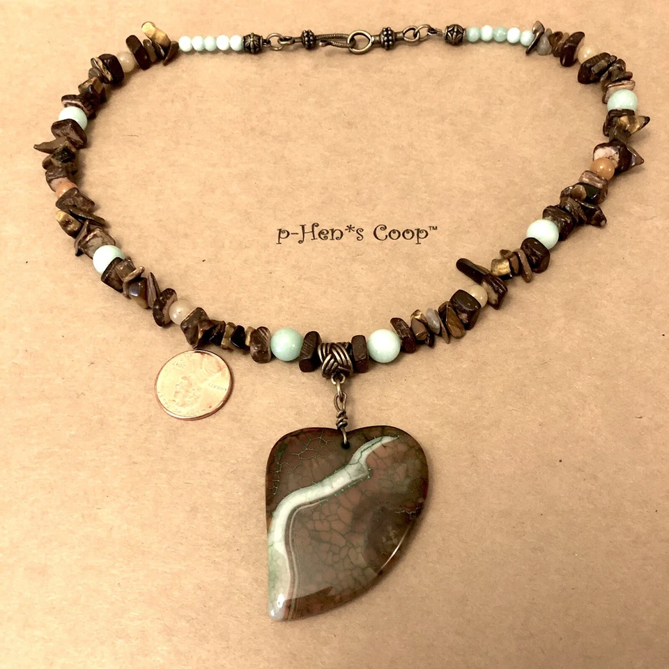 "Collar corazón ágata de fuego con ojo de tigre/aquamarina/cuarcita/madera 17-1/2"" EE. UU. 1762" Foto 2 de 4