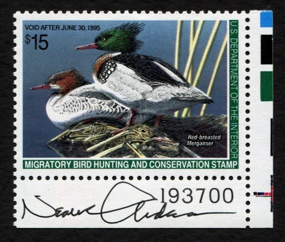 RW61 VF-XF MNH PLATE# Artist-Signed 1994 Merganser Federal Duck Stamp Waterfowl - Image 2 of 3