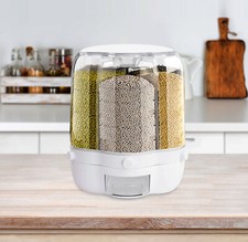 6-Grid Rotating Rice Dispenser Dry Grain Food Storage Container Tank for Kitchen