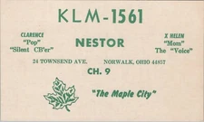 CB radio QSL postcard KLM-1561 Clarence Helen Nestor 1970s Norwalk Ohio