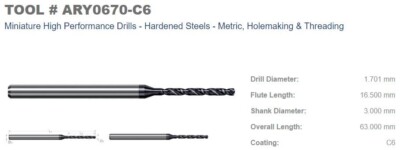 ARY0670-C6 - DRILL FOR HARDENED STEEL - .067Dx.650LOF 2FL 140° PT - HARVEY
