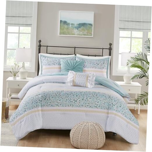 Comforter Set, Seersucker Floral King Size Comforter King/Cal King Aqua 5pcs-image