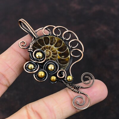 Ammonite Fossil Wire Wrapped Pendant Handcrafted Copper Unique Gift 3.23''