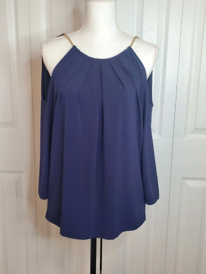 Michael Kors Small Open Cold Shoulder Gold Chain Neckline Top Blouse Shirt Navy