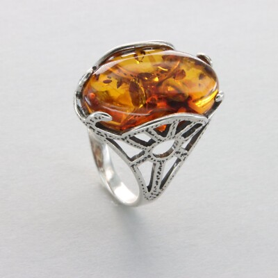 Oval Cognac / Brown BALTIC AMBER ''Antique Look'' Ring 925 STERLING SILVER  #13e