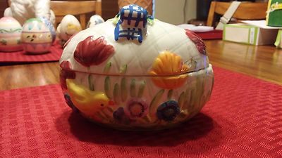 Ceramic Easter Egg Bowl with Little Yellow Bird and Colorful 