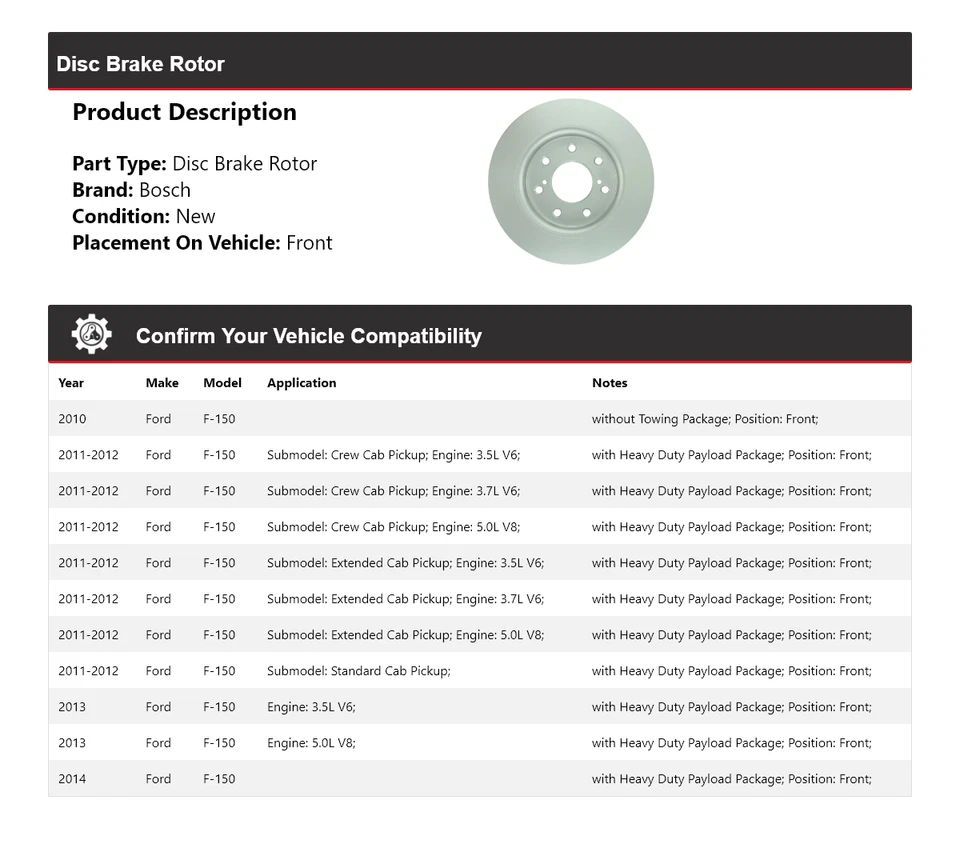 Para 2010-2014 Ford F-150 Bosch QuietCast rotor de freio a disco dianteiro 2011 2012 2013 - Imagem 2 de 4