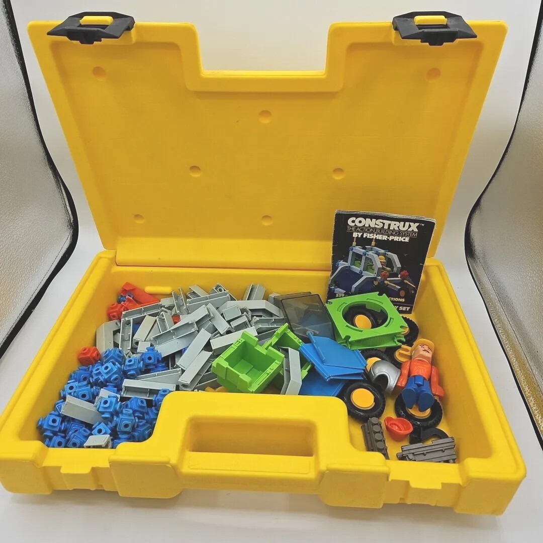 Huge Lot Fisher Price Construx Yellow Case 1983 w/ Parts Figure - Main Image
