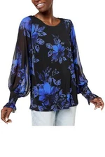 Susan Graver Women's Printed Liquid Knit Tunic w Chiffon Slvs Cobalt