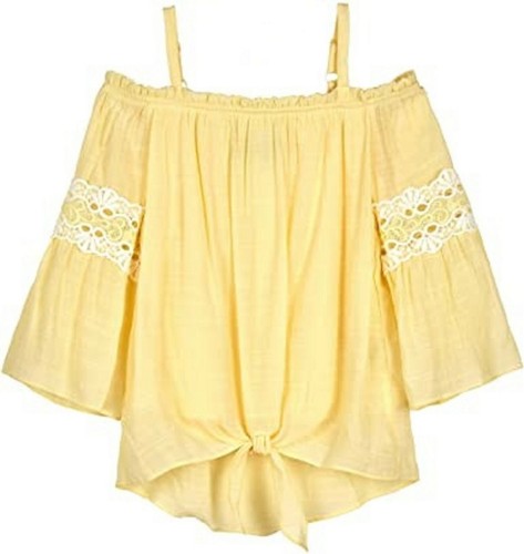 Amy Byer Yellow Long Sleeve Tie Front Off-The-Shoulder Top Size M(10-12) - 第 1/9 張圖片