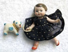 Vintage Miniature Jointed Doll w/Dog Bisque 2.75