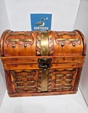 Vintage Wicker & Brass Weaved  Wood Trunk Treasure Chest 