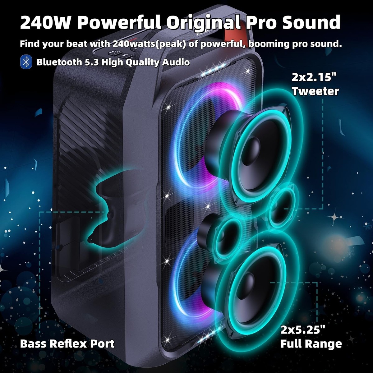 Foxdawn Portable Bluetooth Speaker 240W Peak Powerful Loud Sound