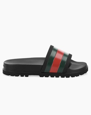 Gucci Men's Slide Sandals Black Red Green Striped Rubber Slip On US 8.5