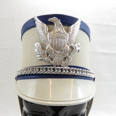 Vintage Marching Band Shako Master White/Blue Flat Top Hat Size Medium 7 1/8