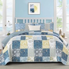 Quilt Set King Size, Blue Yellow Patchwork Pattern Summer Bedspread Bedding Set,