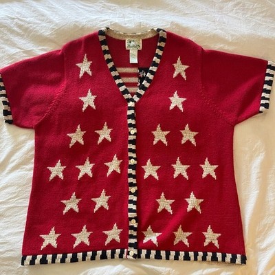 The Quacker Factory Womens Cardigan Sweater 1X USA Patriotic Stars Fireworks VTG