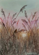 Original Artwork Modern Painting Landscape BERD SKY FOGGY MORNING Signed Gift A4