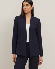 NEW ANN TAYLOR 189 DEEP NAVY SKY SEASONLESS STRETCH COLLARLESS BLAZER SZ 00
