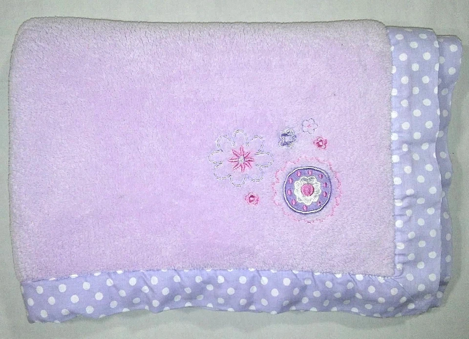 Sumersault Baby Girl Blanket Lovey Purple Polka Dot Trim Fleece 30x40 Flowers - Image 2 of 4
