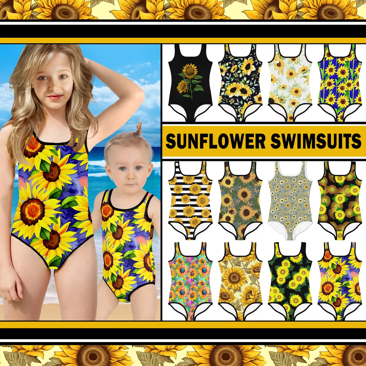 Kids Sunflower Swimsuit Floral #6 - Baby Girl Teens Bathing Suit Sun Flower