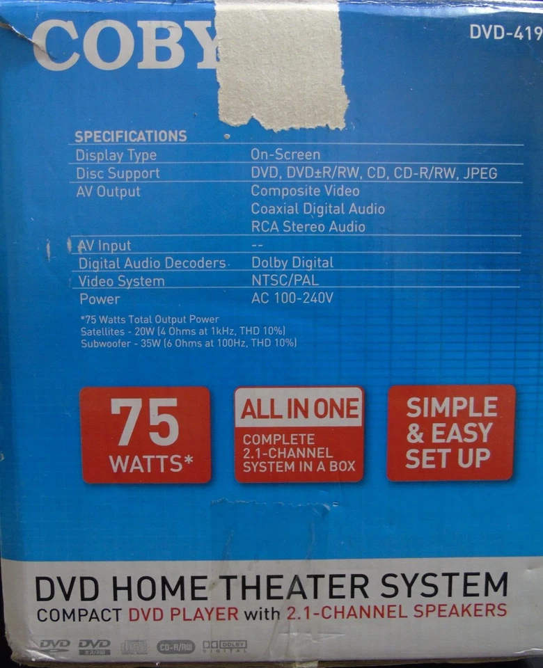 Coby DVD-419 DVD w/Home Theater Speakers -- New Open Box - Image 3 of 4