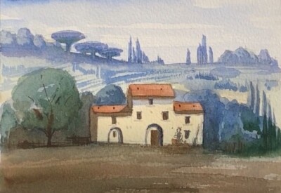 Tuscany Watercolor   Italian Farmhouse Landscape   Rolling Hills & Cypress Trees