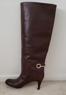 Bally Brown Leather foldover slim heel Boots 36 gold hardware