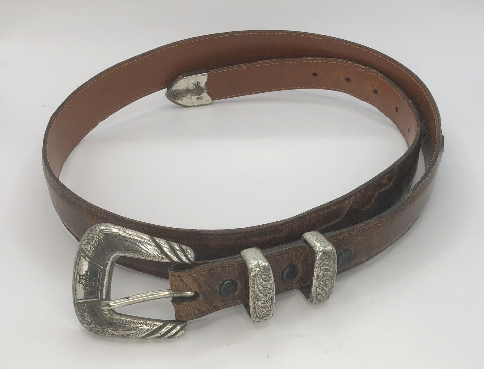 LUCCHESE Classics Belt And Buckle Western 36 Brown Genuine Leather W0787.