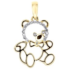 10K Yellow Gold Round Diamond Teddy Bear Pendant 0.80" Statement Charm 1/20 CT.