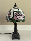 Vintage Tiffany Style Stained Glass W/Pink Floral Pattern 12” Cast Iron Base