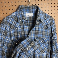 Vintage Wrangler Pearl Snap Shirt Men Medium Blue Wrancher Western Cowboy 90s