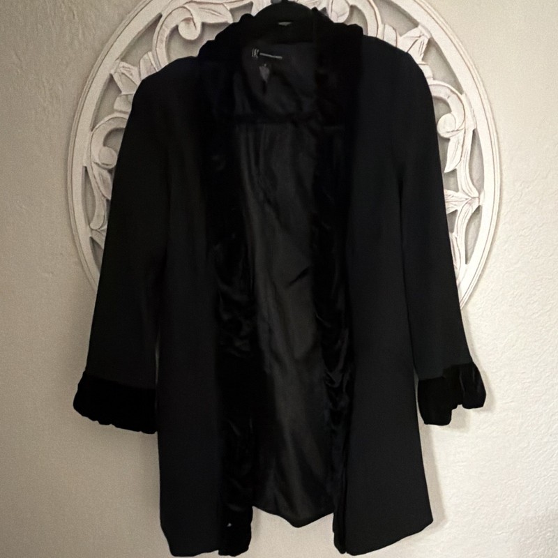 INC International Concepts Women’s Black Lined Overcoat Faux Fur Trim Open M