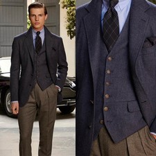 Men Herringbone Tweed Three Piece Suit Peak Lapel Vintage Business Casual Formal