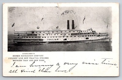 Steamer TROJAN Postcard 1910 Hudson Navigation Company Troy New York VT Postmark