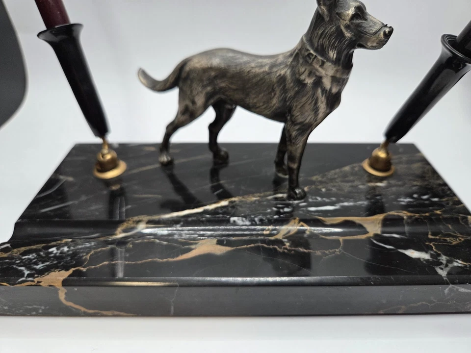 Винтажная золотая медаль перьевая ручка стол комплект - черный и белый мрамор немецкая овчарка - Изображение 3 из 4