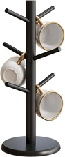 Black Coffee Mug Tree with 6 Hooks for Countertop Storage and Organization
