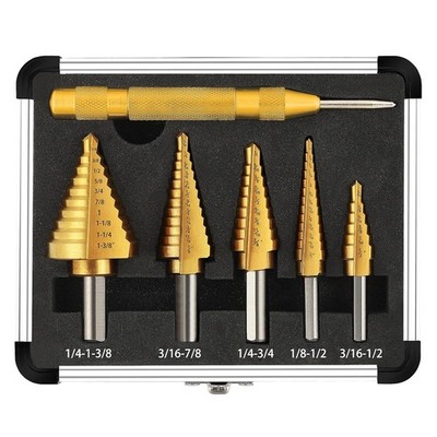 5PCS Step Drill Bit Set Titanium-Coated Automatic Center Punch for Metal Wood