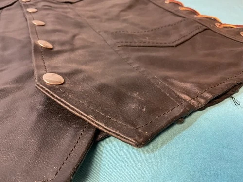 Black Leather Motorcycle Vest Medium - Heavy Built - Nice Unused - Leather Ties image 4