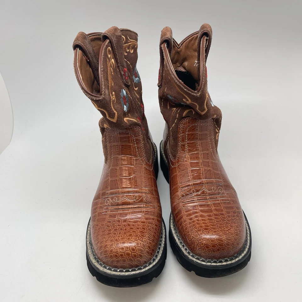 Ariat Fat Baby Boots Womens 7 B Brown Leather Floral Hertiage Western Cowgirl - Image 2 of 4