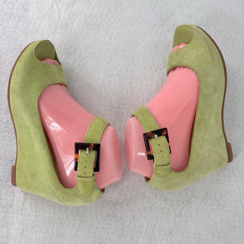 GENUINE SUEDE WEDGE Shoes Women's 7.5 JOHNSTON & MURPHY Open Toe Lime Green - Picture 5 of 8