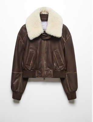 Mango Women s Brown Leather Bomber Jacket Detachable Faux Shearling Collar NWT M