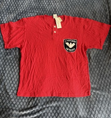 Vintage Emporio Armani Polo Shirt Medium Made in Italy Red Button Down NOS