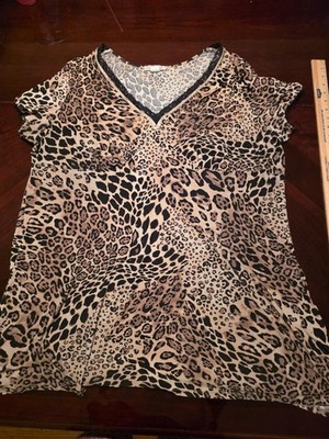 Linea Donatella Sleep Shirt Womens 2X Brown Leopard Satin Babydoll Lace