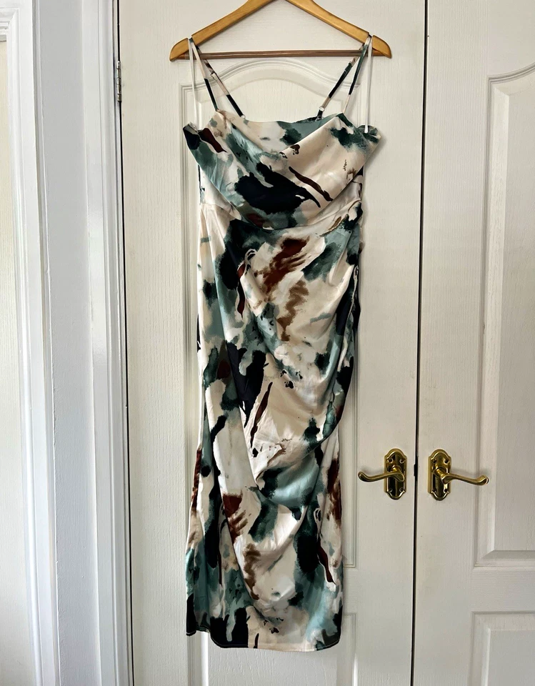 AX Paris Multicoloured Abstract Satin Slip Midi Dress Strappy Square Neck 14 - Image 1 of 4